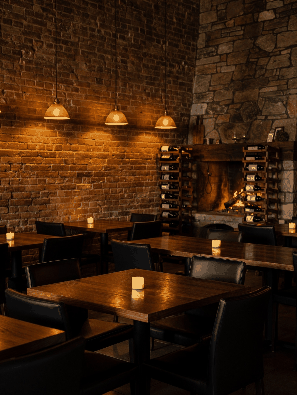Cozy candlelit Italian dining room with rustic decor