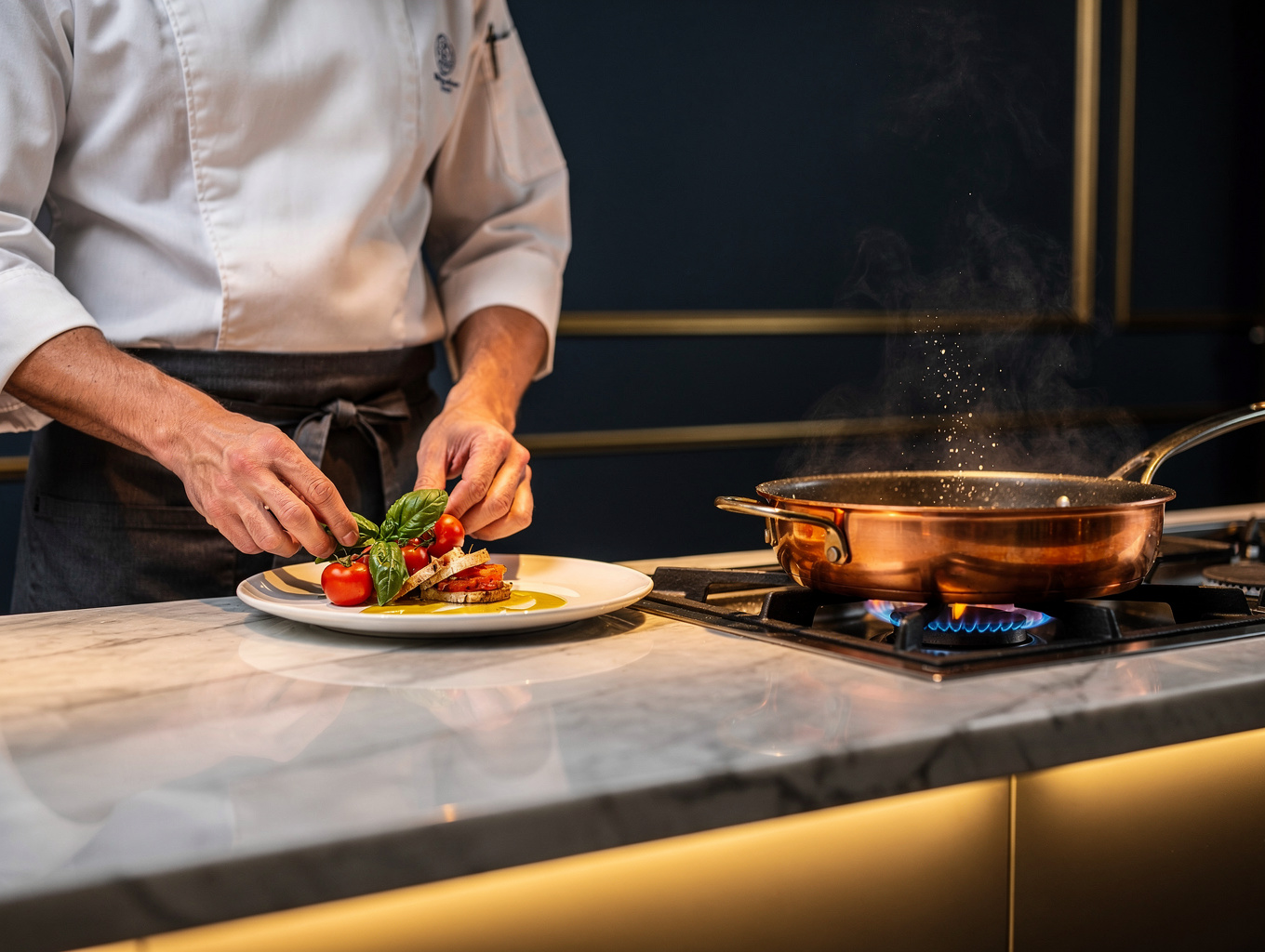 Chef preparing seasonal Italian dishes at the counter