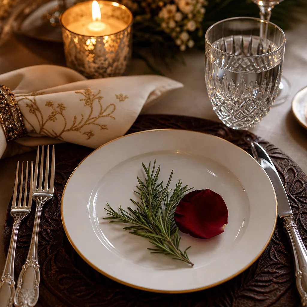 Close up of elegant table setting with modern ceramics